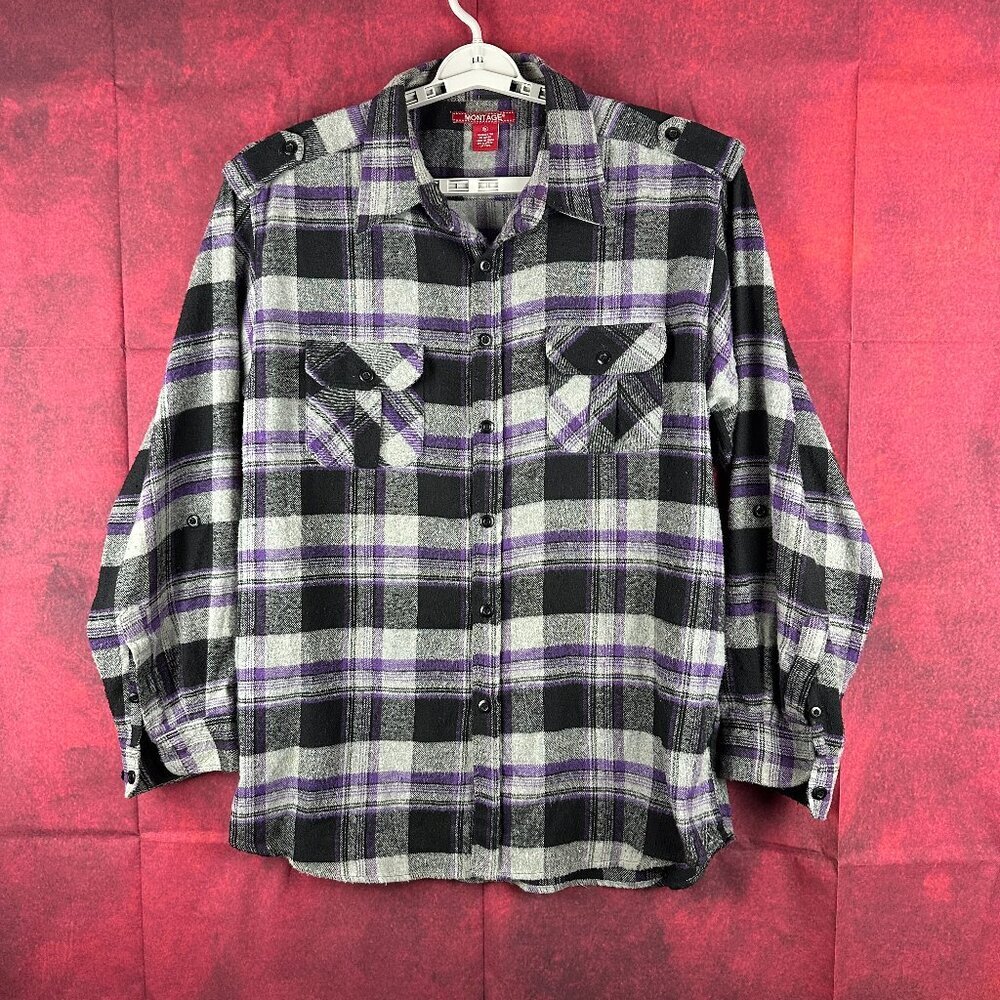 MONTAGE PLAID FLANNEL  MEN'S SHIRT BUTTON DOWN LONG SLEEVE BLACK/GRAY/PURPLE XL